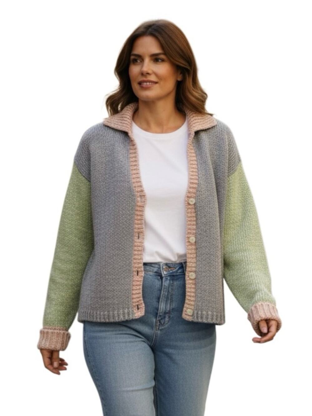 Vintage Jennifer Reed Soft Colorblock Button Cardigan Gray Blue Green Pink SZ L